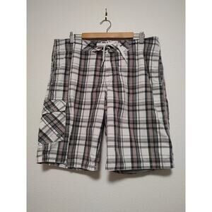 Old Navy Men's 38 Grey White Tan Plaid Lace Up Waist Fully Lined Swim Shorts